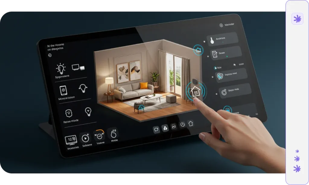  AI home automation control panel showing gesture recognition, presence detection, and scene management features for voice-free home control