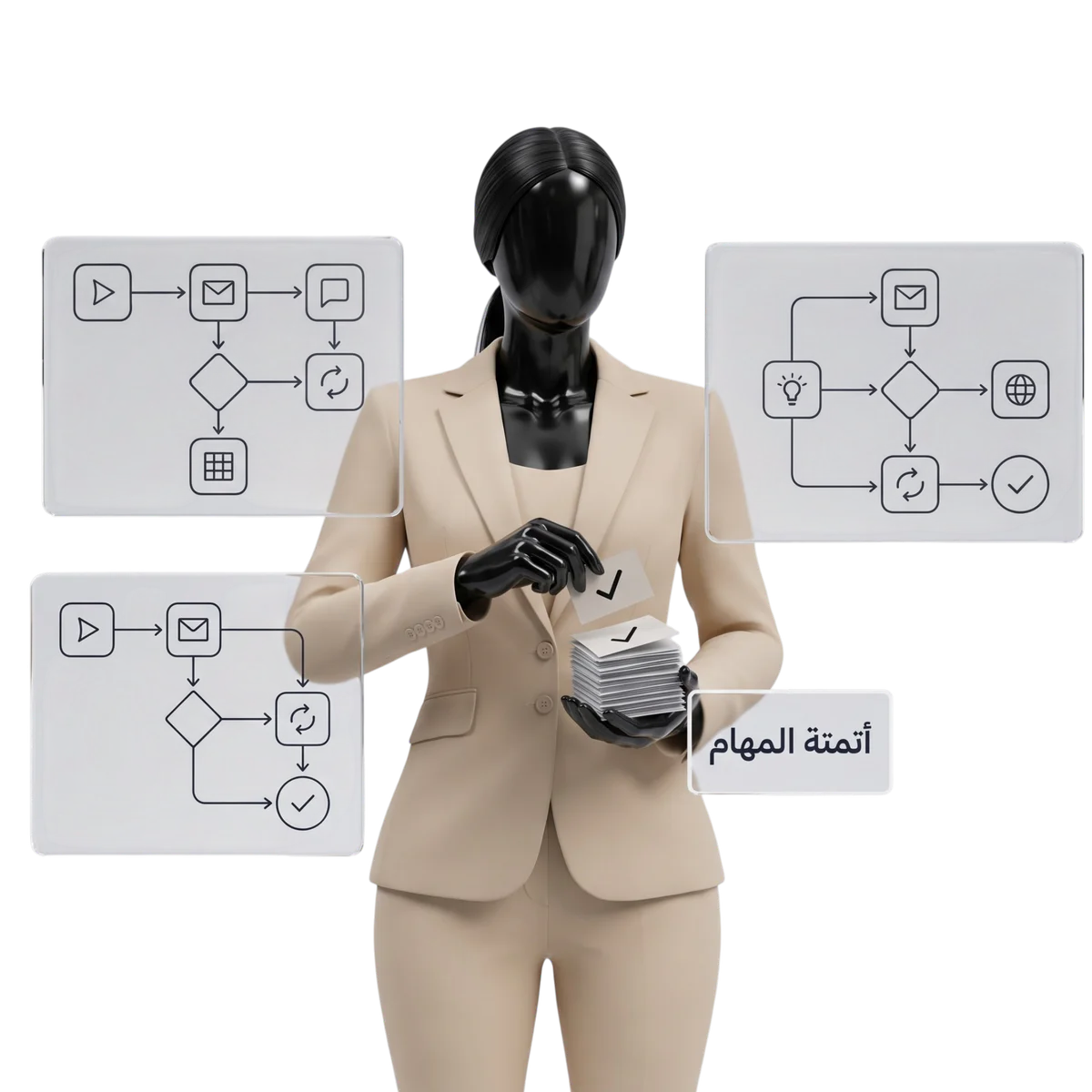 TECHMIM character standing beside floating automation panels that stack completed task cards