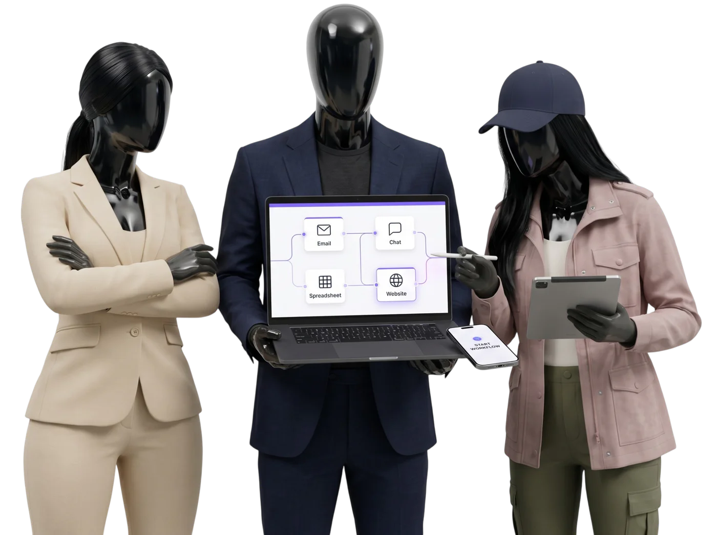 Laptop showing an AI automation workflow connected to email, chat, spreadsheets, and a website with a notification of 12 completed tasks