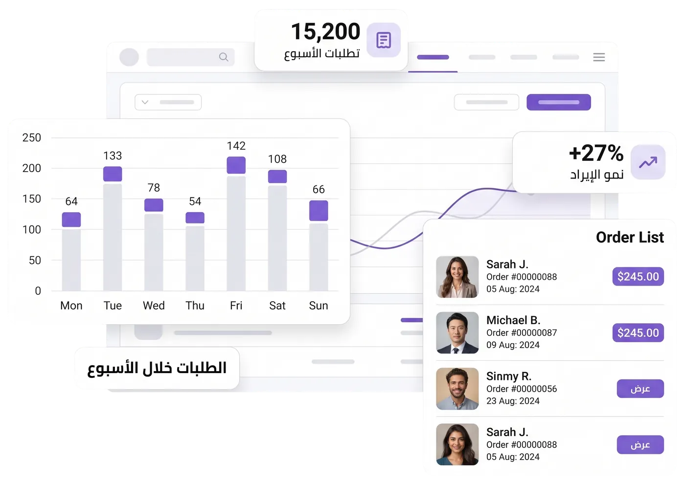 A sales dashboard preview with a chart and an orders list