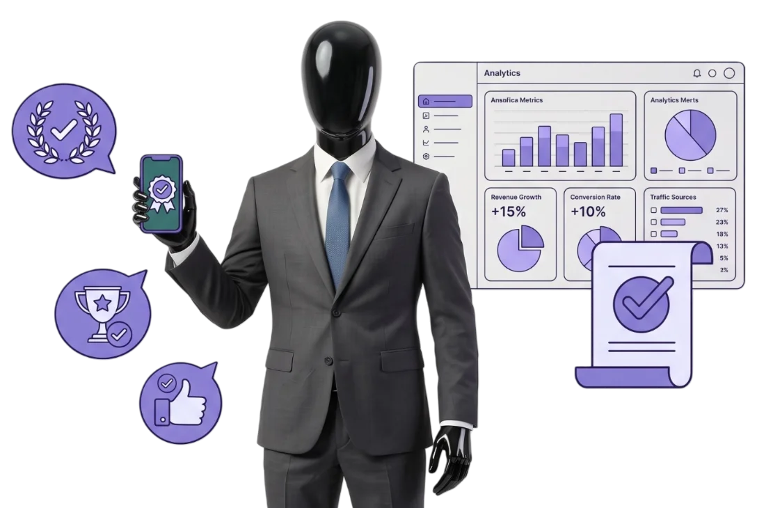 TECHMIM character holding a phone with achievement badges and an analytics panel